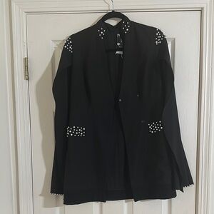 Black Studded Women's Cape Blazer Jacket with pearl embellishments